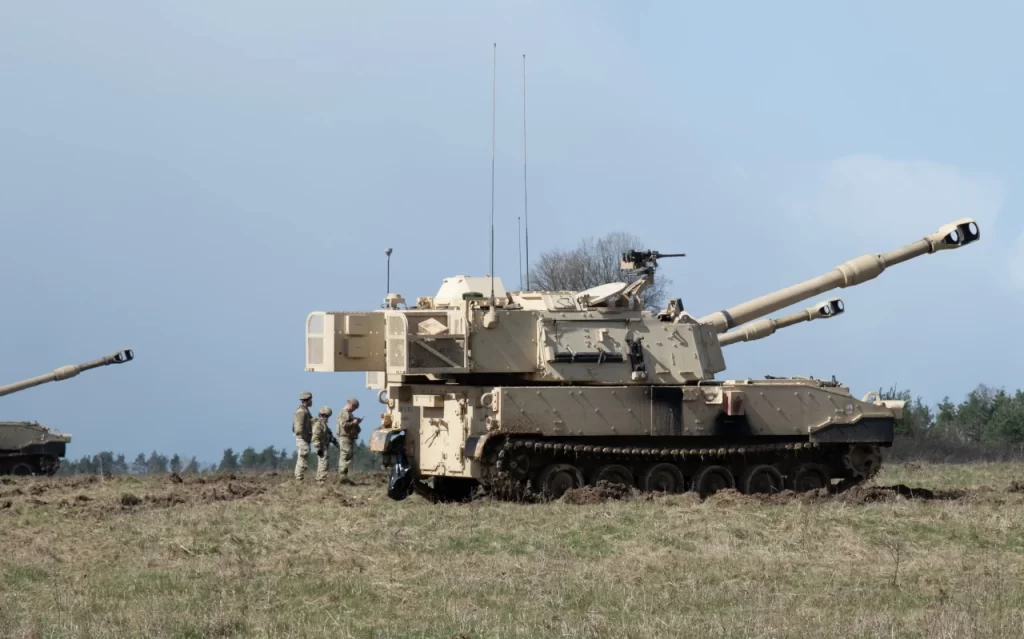 Soldiers assigned to the 1-7 Field Artillery Regiment from Fort Riley Kansas, load and fire a M109A7 Paladin during exercise Dynamic Front 23, at the 7th ATC's Grafenwoehr training area. Image: by Casey Slusser, 56th Artillery Command