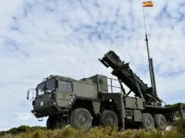 Launcher M903 of the Spanish army's 73rd anti-aircraft artillery regiment's Patriot PAC-2+ anti-aircraft missile system.