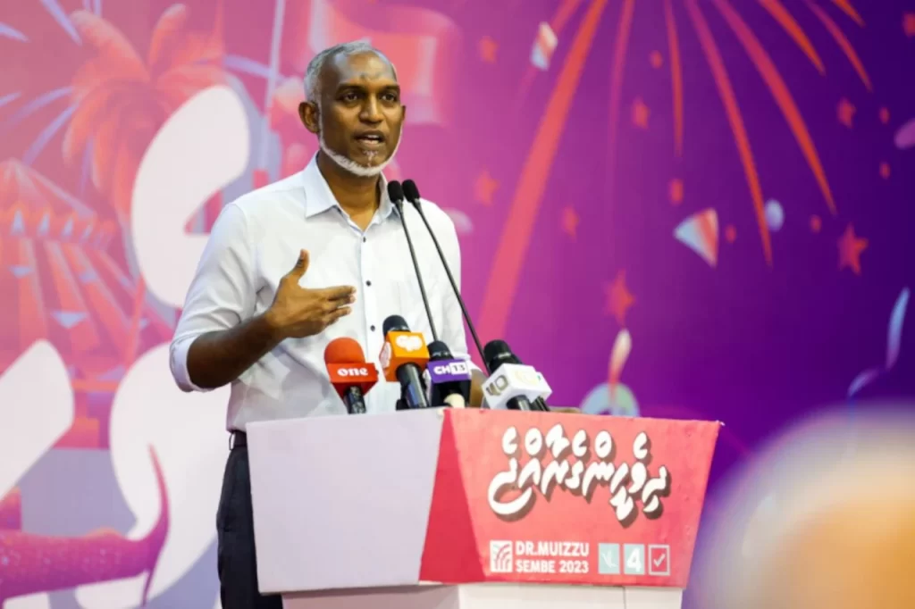 President-elect Dr. Mohamed Muizzu addresses his victory rally in Male' City on October 3, 2023