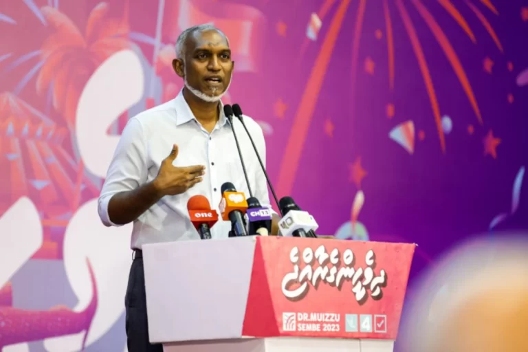 President-elect Dr. Mohamed Muizzu addresses his victory rally in Male' City on October 3, 2023