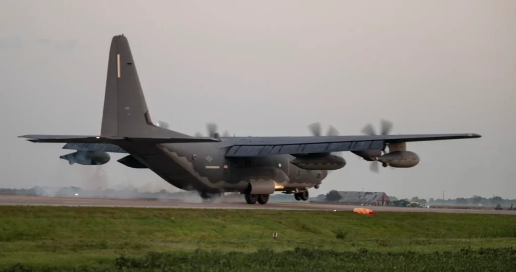 U.S. Air Force MC-130J Commando II, assigned to the 492nd Special Operations Wing, lands on Highway 63 during Emerald Warrior 24 FTX II