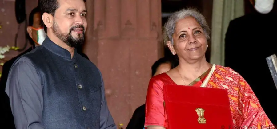 Budget 2021-22 - Nirmala Sitharaman holding bhai khata along with the Minister of State for Finance and Corporate Affairs Anurag Singh Thakur