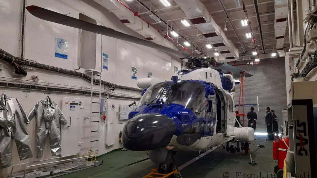 ALH Dhruv Mk III MR helicopter inside ICGS Sujay Hangar