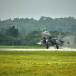 IAF Rafale aircraft touching down at Air Force Station Hasimara during the induction ceremony on 28 Jul 21