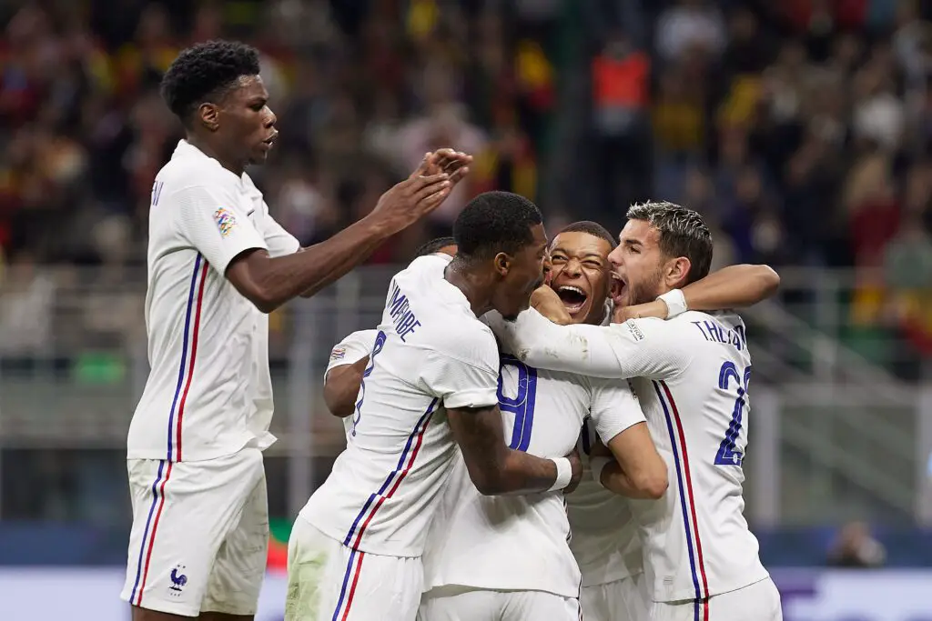 French players huddle on the ground after UEFA Nations League win 