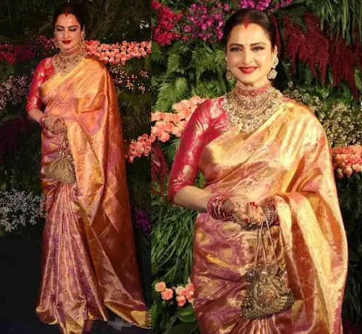 Rekha in Pink and Gold Silk Saree