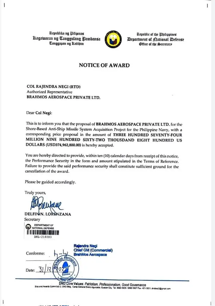 Brahmos missile bid acceptance letter from the Philippines 