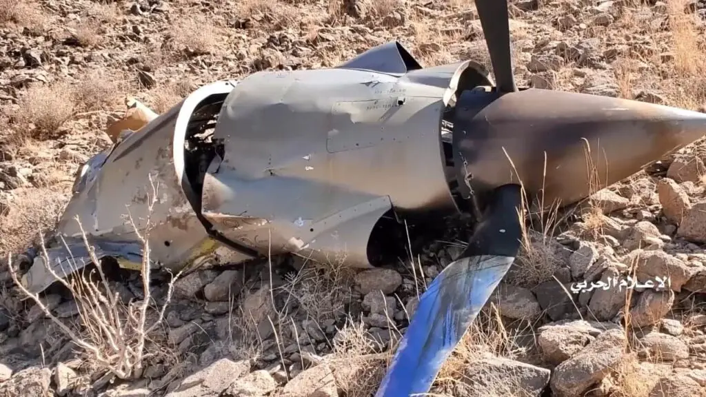 Wreckage of the Wing Loong II drone shot down in Yemen in Saudi Arabia. January 2022. Photo - Yemeni media
