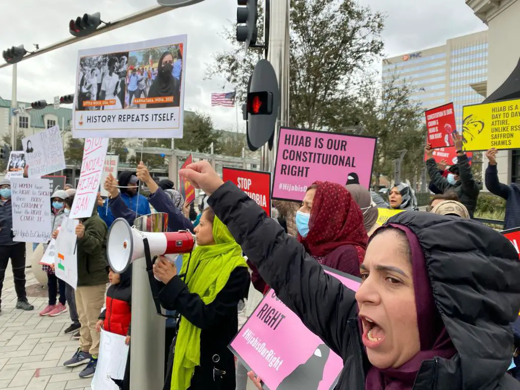 Hijab wearing Muslim women in the United States protest against the Hijab ban in Karnataka