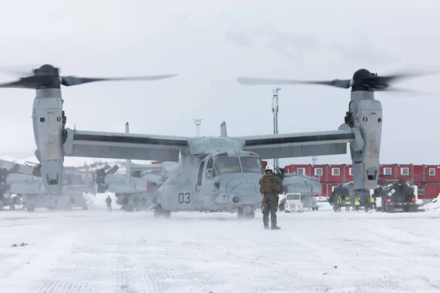 U.S. Bell-Boeing V-22 Osprey arrives to participate in exercise Cold Response