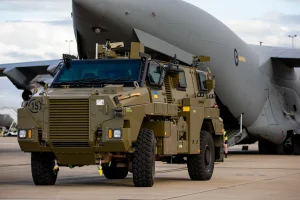 Bushmaster Protected Mobility Vehicles were loaded onto a C-17 at RAAF Base Amberley today for delivery to Ukraine