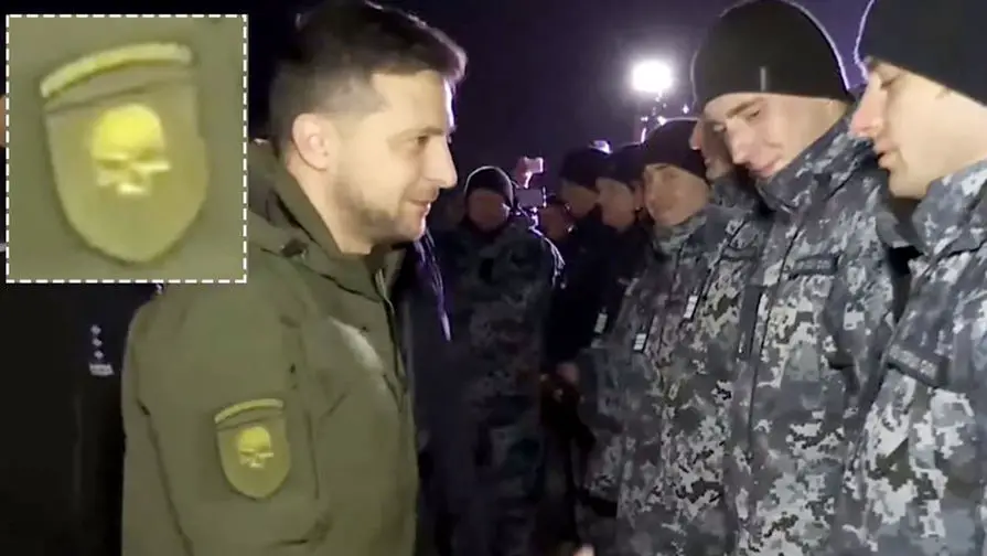 President of Ukraine Volodymyr Zelensky wears Nazi Totenkopf