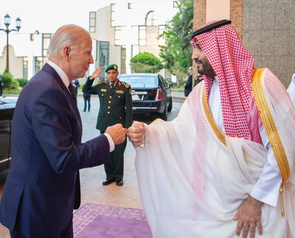 Jo Biden and Saudi Arabian Crown Prince Mohammed bin Salman Al Saud fist touches