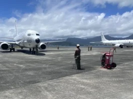 P-8A Poseidon aircraft getting prepared to launch Air to Surface Missile AGM-84 Harpoon