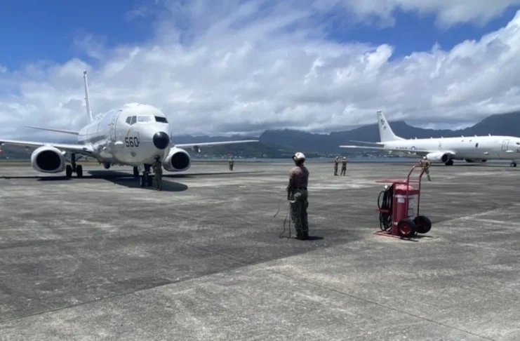 P-8A Poseidon aircraft getting prepared to launch Air to Surface Missile AGM-84 Harpoon