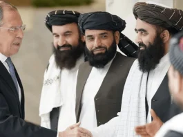Russian Foreign Minister Sergei Lavrov at a meeting with the Taliban delegation