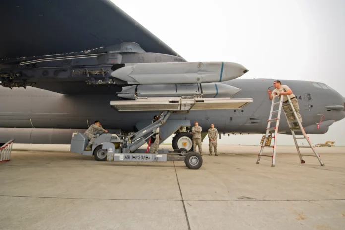 AGM-158 JASSM missile being loaded on to a B-52H Stratofortress Potential carrier of HiJENKS electromagnetic warhead, AGM-158 JASSM missile being loaded on to a B-52H Stratofortress.