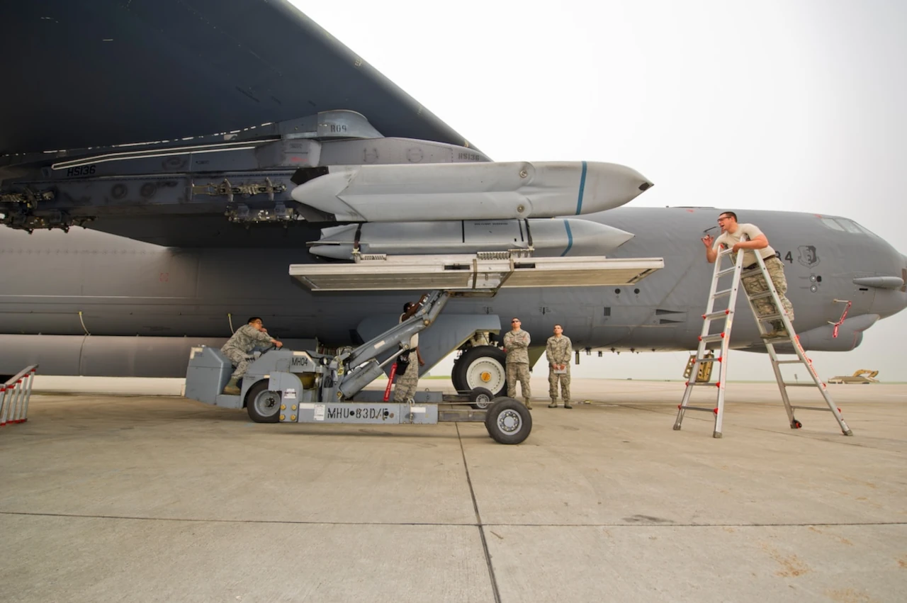 Potential carrier of HiJENKS electromagnetic warhead, AGM-158 JASSM missile being loaded on to a B-52H Stratofortress.