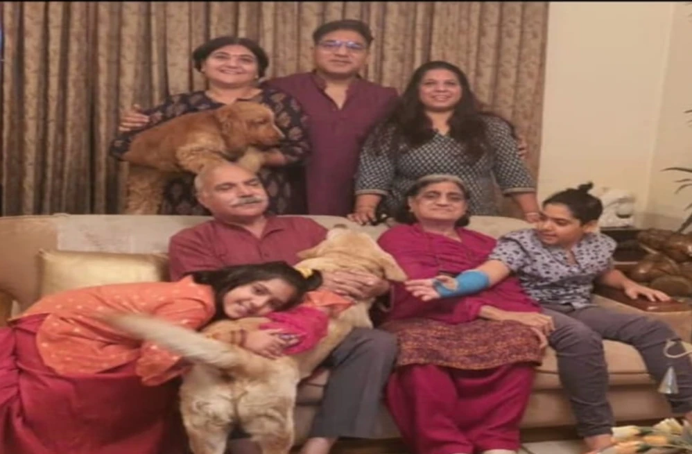 My entire family with Happy left to right Nanu with new edition Elliot in our son Sheri’s house in Chennai, Sheri and our DIL Shefali. Sitting in front are self & in my lap Ariaana holding Happy, Rajni and our grandson Aahaan. 