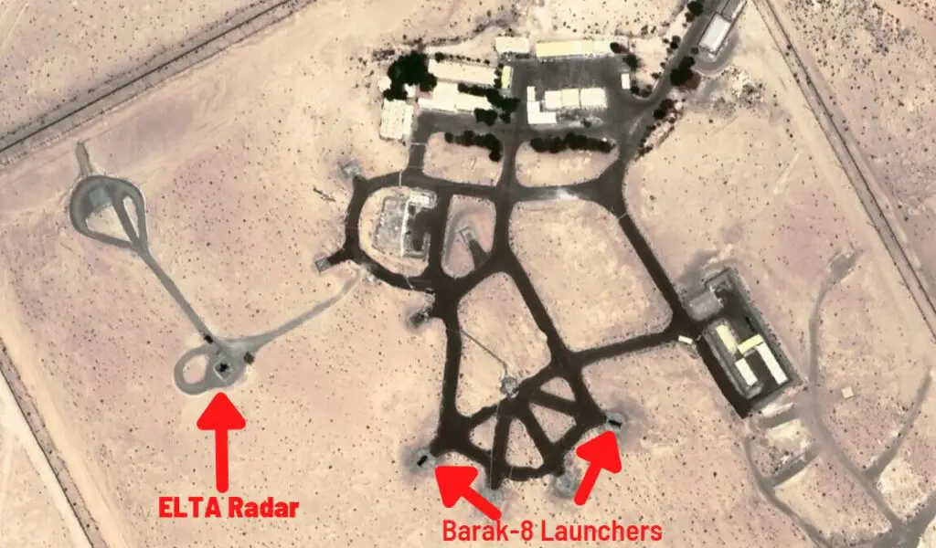 Two Barak 8 missile launchers and an Elta radar system seen south of Abu-Dhabi, United Arab Emirates, in a satellite image taken in September 2022. (Google Earth)
