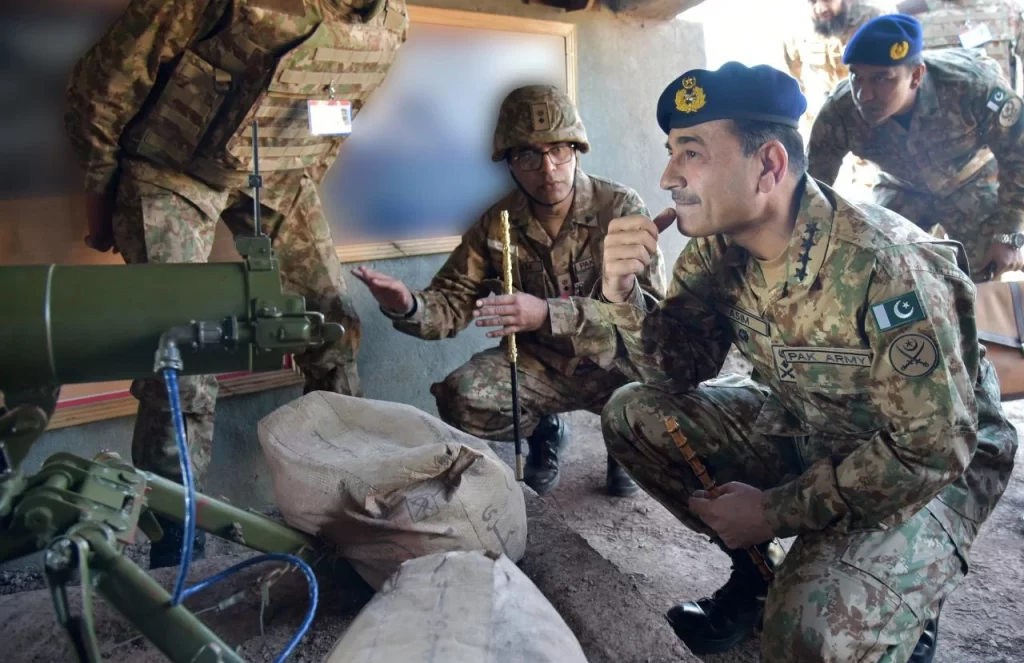 Chief of Army Staff General Asim Munir inspecting 107mm single barrel rocket launch system during his visit of Rakh Chikri Sector, Pakistan Occupied Kashmir, LOC