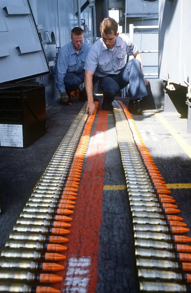 Depleted uranium shells for the Mark 15 Phalanx CIWS artillery system aboard the American battleship USS Missouri. US Navy photograph, 1987.