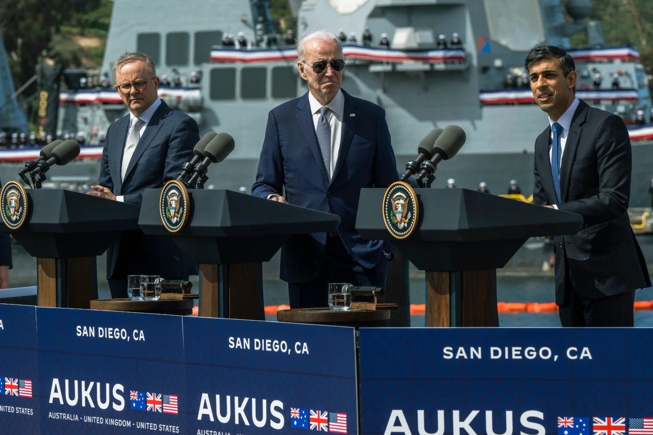 Australian Prime Minister Anthony Albanese, US President Joe Biden and British Prime Minister Rishi Surnakt the AUKUS bilateral meeting San Diego