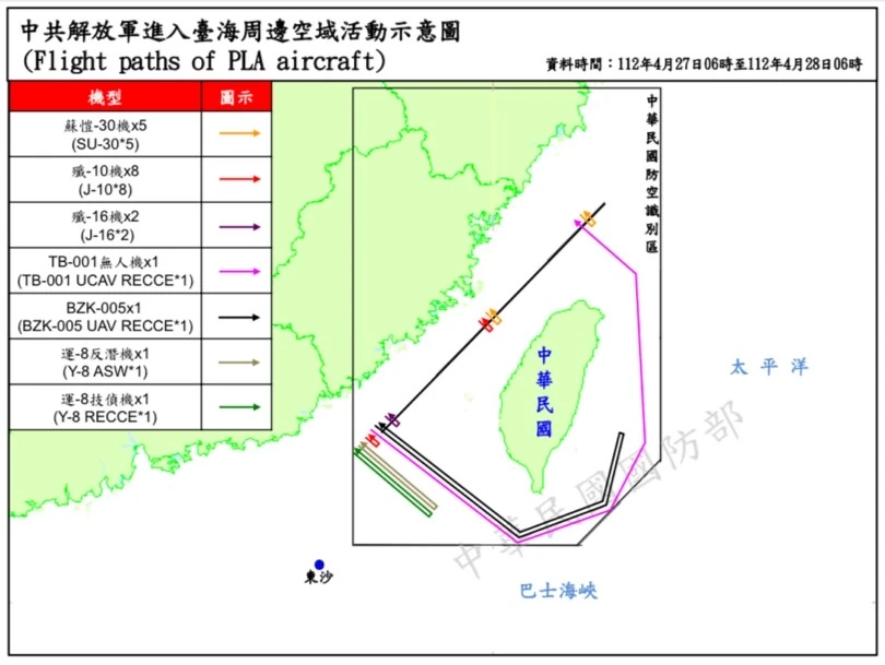 Flight path of Chinese planes including Tengden TB-001 UAV