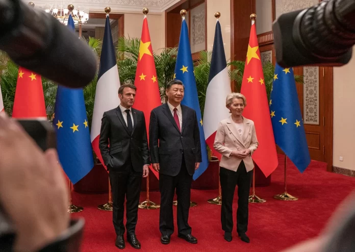 French President Emmanuel Macron, Chinese President Xi Jinping and EU President Ursula von der Leyen