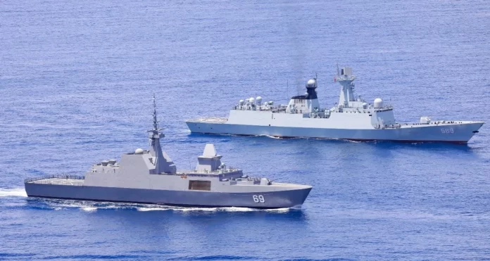PLA Navy Type 054A frigate and RSS Intrepid, in recent joint naval exercise between China and Singapore PLA Navy Type 054A frigate and RSS Intrepid, in recent joint naval exercise between China and Singapore