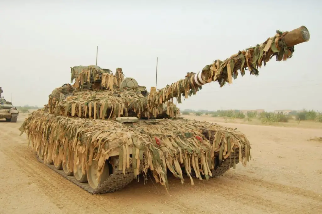 Indian Army T-90 Bhisma with a ruffled camouflage cover