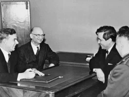Vladimir Semichastny, chairman of the KGB, talking to Soviet intelligence officers Rudolf Abel (second from left) and Konon Molody (second from right) in September 1964.