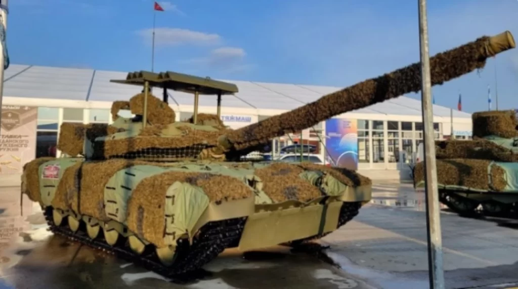 Russian Tank with Drone Cages during Army 2023 Exhibition