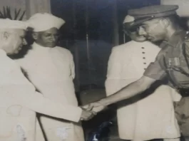 Late Maj PN Bhatia, Vr C, 6 Kumaon shaking hand with the PM Pt Nehru while the President & Vice President look upon after the investiture ceremony in the Rashtrapati Bhawan in October 1963.