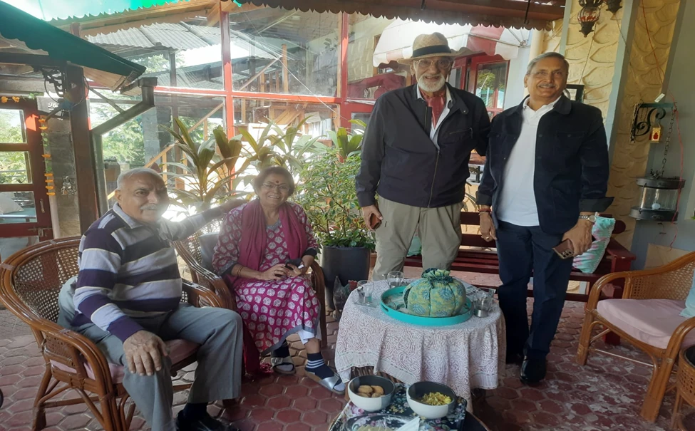 Meeting old friends Gen & Mrs Bhandari in Ranikhet along with Maj Perty in their majestic cottage.