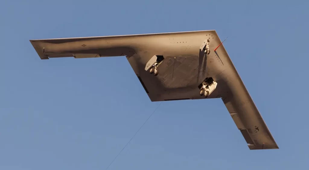 The first prototype T-1 of the new American stealth strategic bomber Northrop Grumman B-21 Raider on its first flight. 