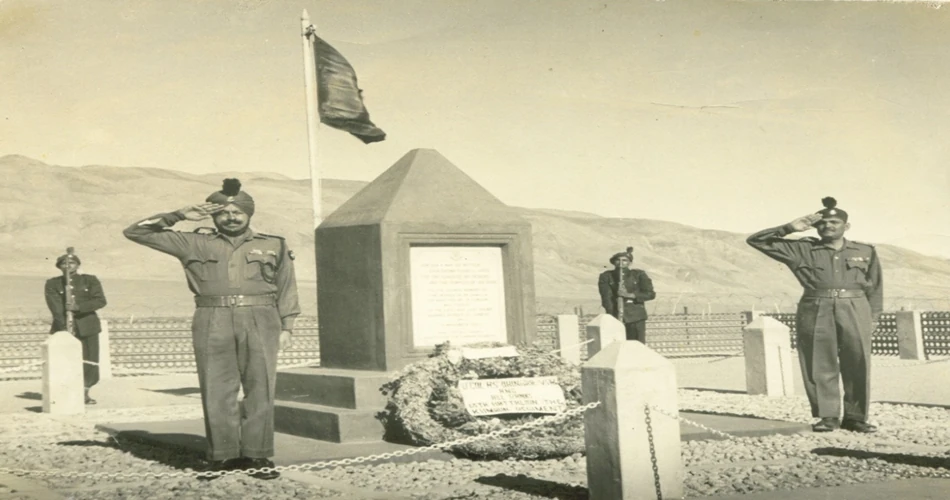 Rezang La Memorial, constructed on High Ground, was inaugurated on 18 Nov 1963 by Lt Col HS Dhingra, AVSM, CO 13 Kumaon on the left & SM Chandagi Ram on the right.