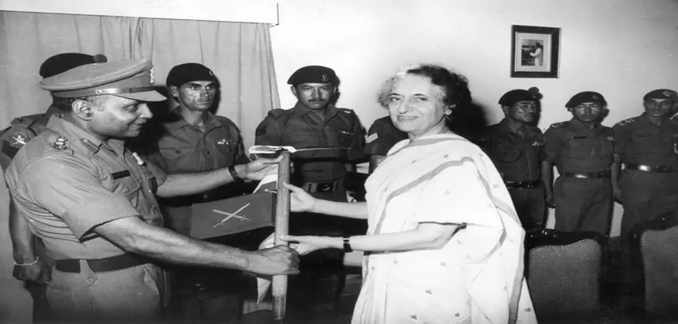 Presenting Ice Axe planted at Indira Col to PM Indira Gandhi