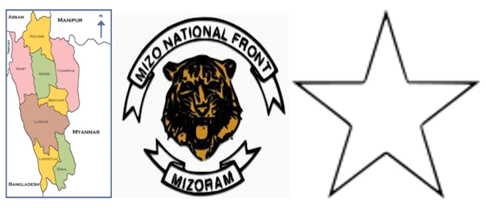 Mizoram Insurgency - Map Mizoram                                     MNF Logo                                               MNF Party symbol