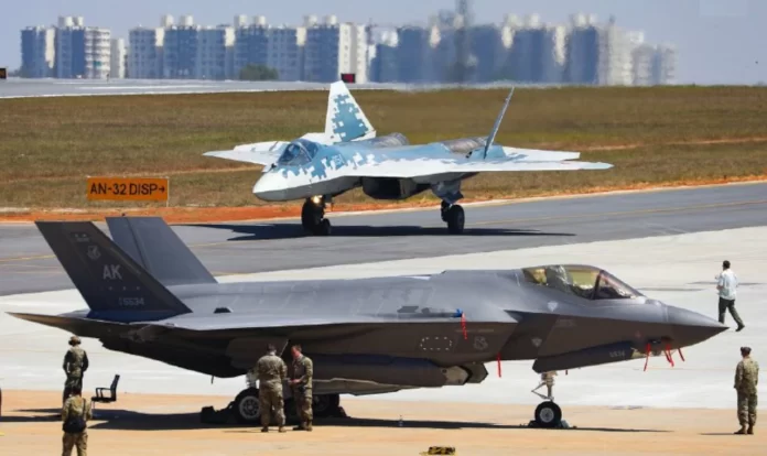 Su-57 and F-35 during Aero India 2025