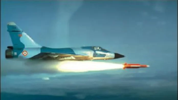 Indian Air Force Mirage 2000H firing a Matra Super 530D Semi Active Radar Homing (SARH) Medium Range Air-to-Air Missile (MRAAM) during combat trials in France.