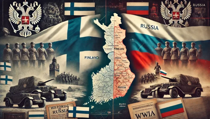 The image features a split map with Finland and Russia