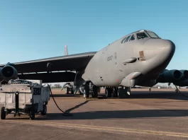 A US Air Force B-52 Stratofortress heavy bomber sits on the tarmac at RAF Fairford airbase in the United Kingdom before flying a training mission for Bomber Task Force Europe.