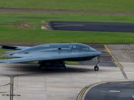 A U.S. Air Force B-2 Spirit stealth bomber taxis to the runway for a Bomber Task Force mission.