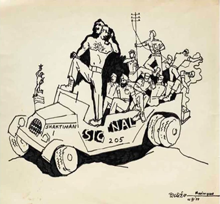 Align Party Vehicle laying cable was found interesting by Husain. The name Shaktiman was assigned by him to depict its importance. He knew that the Shaktiman was a lorry which carry heavy weights. The logo ( the logo is named Jimmy ) on the left that is the statue of Roman Greek God ‘Mercury’ (Messenger of Gods) gives a special importance to this drawing. It is an emblem worn on the cap which identifies the wearer as part of the corps of signal.