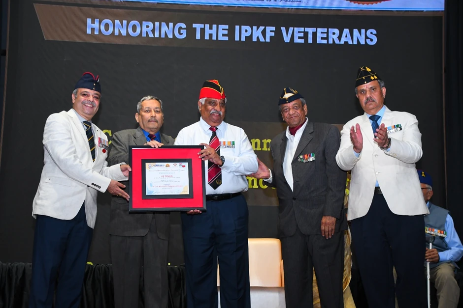 (Left to right) Col Rajesh Tyagi, SM, Retd, Lt Gen Hardy Lidder, PVSM, UYSM, YSM, VSM Retd, Lt Col Manoj K Channan, Retd 65 Armd Regt, Lt Col (Dr) NK Ahuja, Ex VC SVSU and Maj Gen DK (Dr) Thapliyal (Dental Corps), Ex VC SVSU SM, AVSM