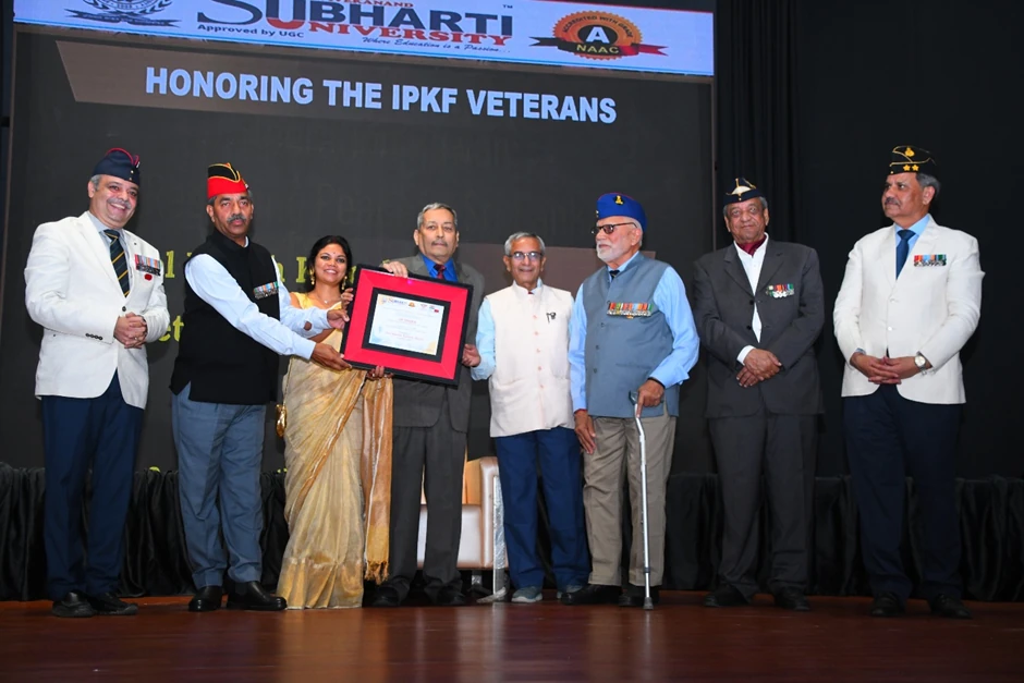 (Left to right) Col Rajesh Tyagi, SM, Retd., Col Harish Katoch, Retd, 65 Armd Regt Dr Shalya Raj, CEO, SVSU, Lt Gen Hardy Lidder, PVSM, UYSM, YSM, VSM Retd, Dr Atul Krishna, Founder, SVSU, Col HC Sharma, Vr C, Lt Col (Dr) NK Ahuja, Ex VC SVSU and Maj Gen DK (Dr) Thapliyal (Dental Corps), Ex VC SVSU