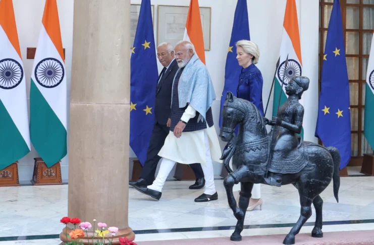 PM meets the President of the European Council, Mr. António Luís Santos da Costa and the President of the European Commission, Ms. Ursula von der Leyen at Hyderabad House.