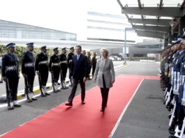 The President of the European Commission, Ms. Ursula von der Leyen arrives at Indira Gandhi International Airport in New Delhi on January 24, 2026.