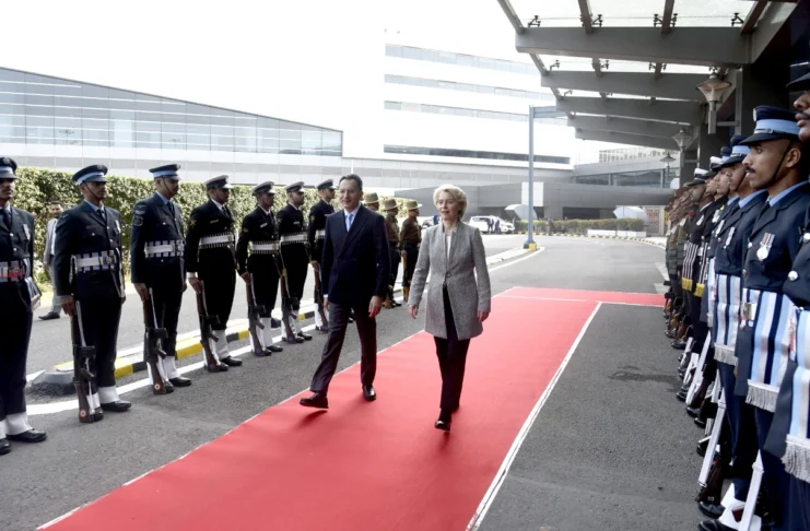 The President of the European Commission, Ms. Ursula von der Leyen arrives at Indira Gandhi International Airport in New Delhi on January 24, 2026.